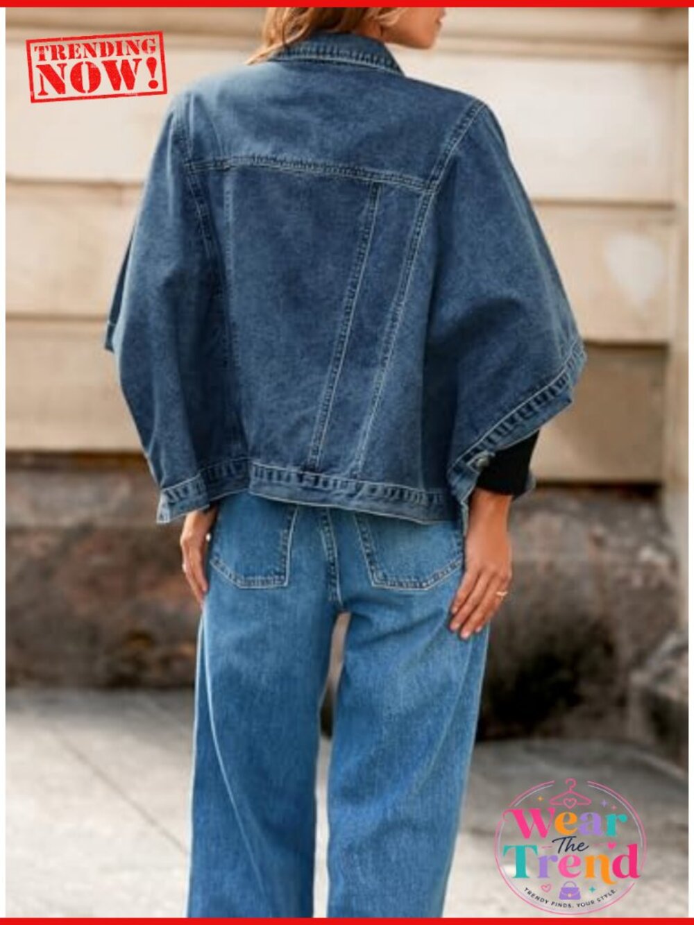 Oversized Cropped Denim Cape Jacket Button Down Half Sleeve Chest Pockets Loose - Picture 2 of 6